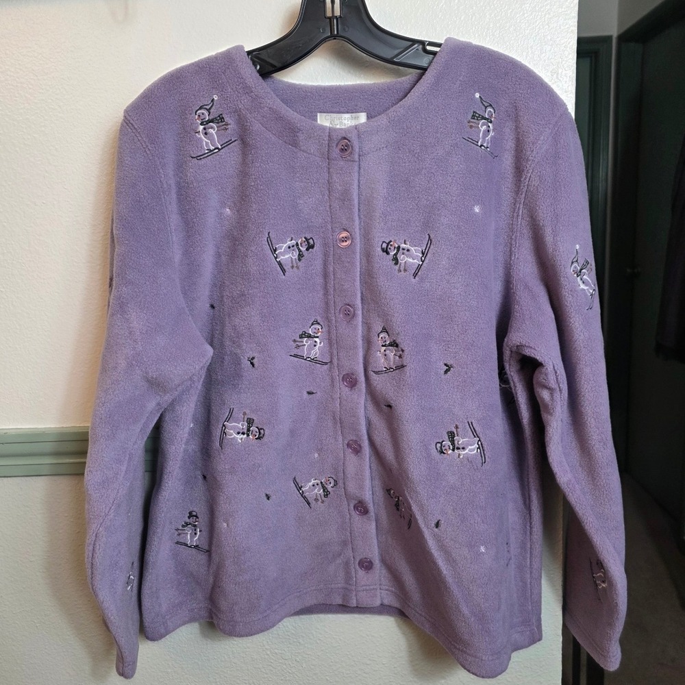 Vintage Christopher & Banks Fleece Cardigan Sweater Purple Snowman Ski Large - Picture 2 of 13